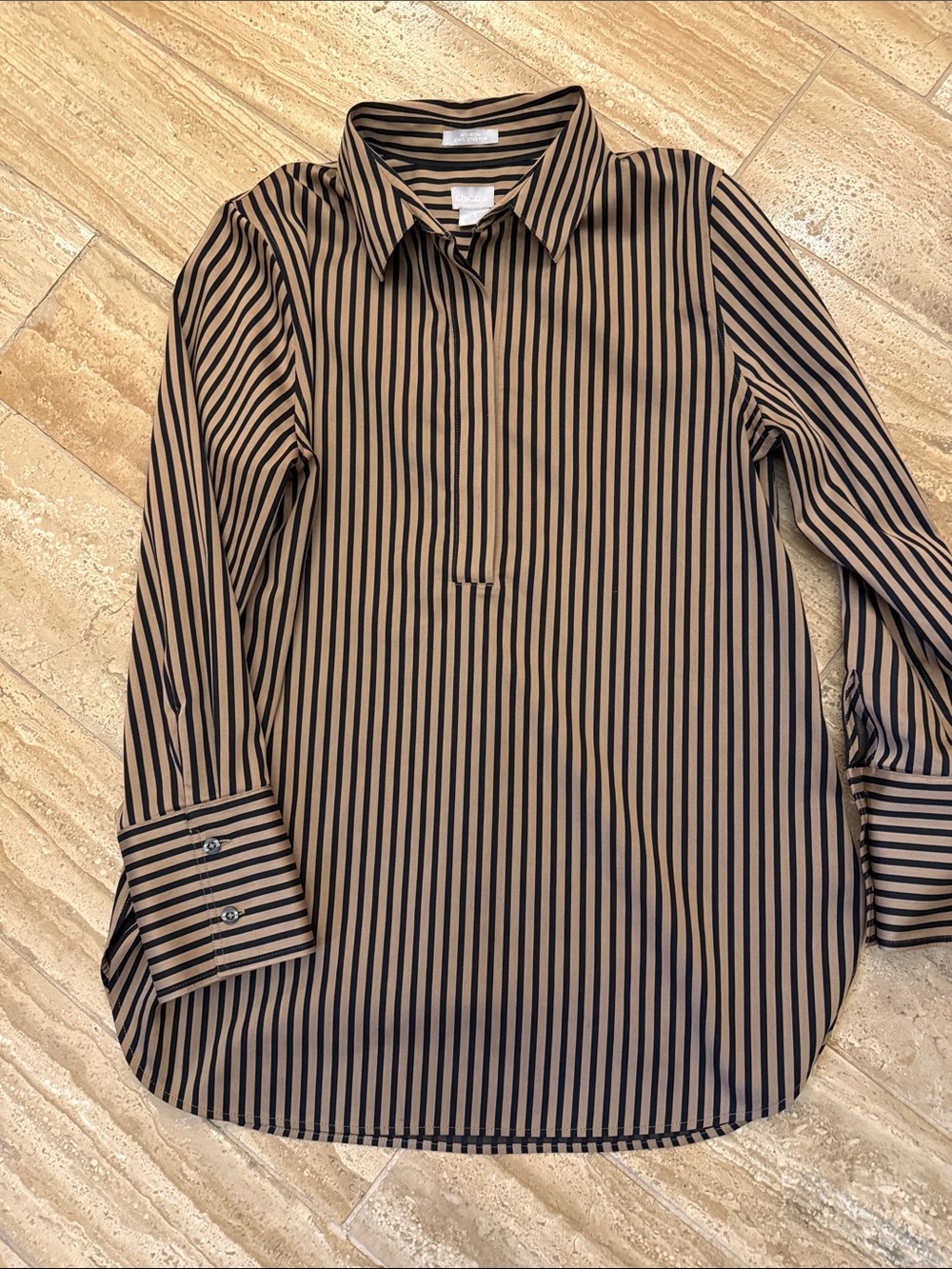 Chico's Black and Tan Vertical Stripe Button-Front No Iron Shirt Size 1 (medium)